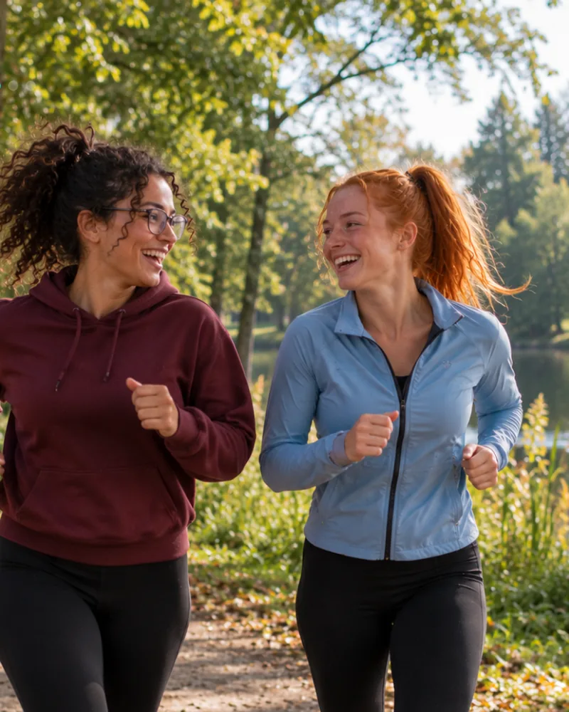 Twee sportmaatjes rennen lachend samen door het park