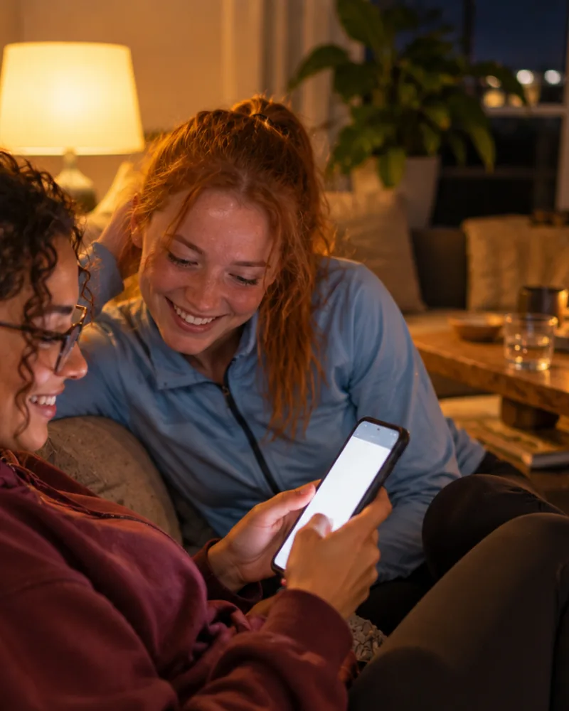 Twee vriendinnen kijken 's avonds lachend samen naar een match op de telefoon